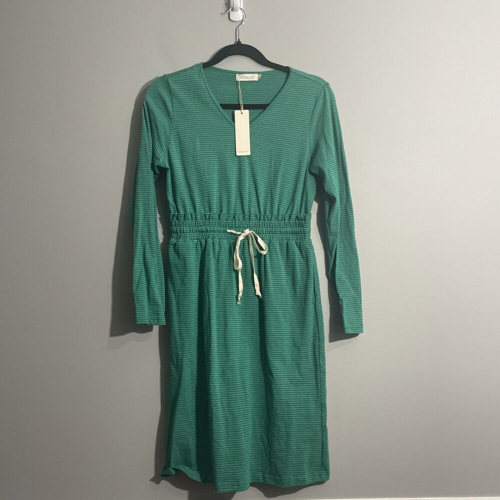 Roolee Women’s Soft Feminine Green Pink Linen Long Sleeve Dress with Pocket Sz S